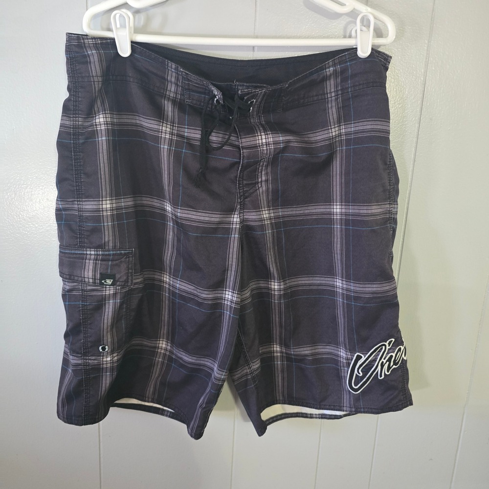 O'Neill Board Shorts Mens 36‎ Black Plaid Cargo Pocket Embroidered Logo Surf